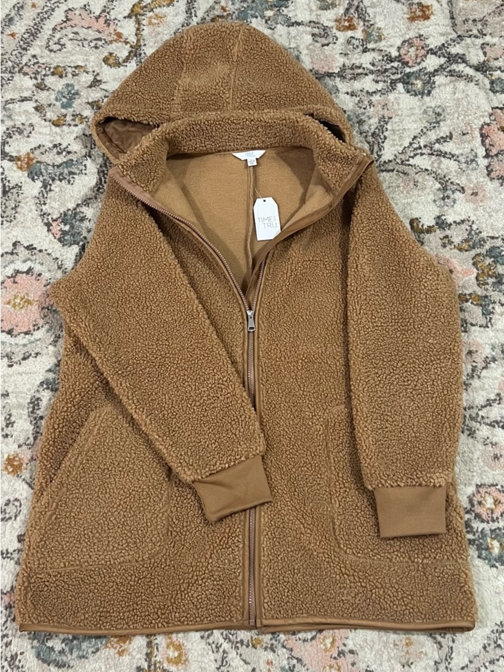 Time and Tru Teddy Sherpa Hooded Zip Oversized Jacket - Camel Brown - NWT